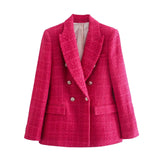 Women's Spring And Autumn Fashion Double Buckle Flowers This Lattice Suit Jacket Retro Long-Sleeved Pocket Suit