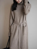 Loose Thick Winter 2023 Turtleneck Knitting Sweater Midi Dress for Women Long Sleeve Lace Maxi Dresses Oversize