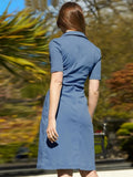 Turn-down Collar Short Sleeves Solid Button Midi A-line Casual