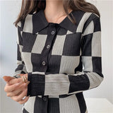 Long Sleeve Polo Plaid Slim Pencil Dresses for Women Evening Party Sexy Split Sweater Bodycon Dress Autumn Winter