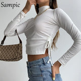 Autumn Skinny Casual Turtleneck Bandage Ruched Long Sleeve T Shirt Women Sexy 2020 Basic Tees Tops White Cropped T