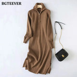 Casual Thicken Turtleneck Zippers Women Knitted Dress 2021 Autumn Winter Long Sleeve Side Split Female Sweater
