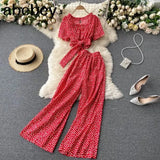 Women Summer Chic Korean Suit Sexy O Neck Chiffon Short Tops+High Waist Wide Leg Split Long Pants Two Piece