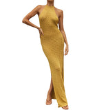 Women's Sleeveless Temperament Open-Fork Dress Summer Knitted Sling Slings Sexy Bareback Long Shoulder