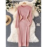 Women Autumn Knitted Dress Long Sleeve O Neck Elastic Slim Pencil Dress Korean Style Sexy Bodycon Sweater