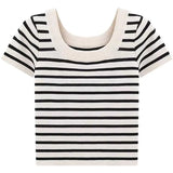 Knitted Blouse French U-Collar Striped T-Shirt New Summer Ice Silk Short-Sleeved Collarbone Bottomed Shirt-Outfit