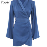 Blue Sexy Satin Wrap Dresses Women Lapel Fashion Elegant Slim High Waist A-Line Dress Autumn Casual Shirt Dress 2022