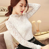 2021 Plus Size Lace Crocheted Hollow Out Top Stand-up Collar White Blouse Woman Sweet Long Sleeve Shirts Blusas