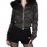 Cloth Forget Camouflage Printed Hair Splicing Cap Plus Velvet Short Jacket Hottie Waist Zipper Open Shirt