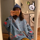 Neck Women Pullover Streetwear Spring Korean Fashion Cartoons Printing Loose Full Sleeve Tops for Girl Harajuku