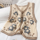 Women Chic Sweet Retro Single Breasted V-neck Ladies Cropped Outwear All-match Hollow Out Design Floral Female