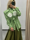 Women's Y2K Vintage Plaid Belted Elegant Long Sleeve Shirt Turn-down Collar Button-down with 3D Flower Fall Slim Tops-Outfit
