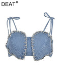 Women's Denim Short Tank Tops Strapless Diamonds Lace-up Heart Patchwork Slim Bra Camis 2024 Summer New Fashion 29L2834-Outfit