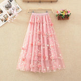 Fashion Appliques Embroidery Mesh Pleated Skirt Office Lady Commute All-match Elastic High Waist Aesthetic Ankle Skirts-Outfit