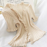 Graduation party French Retro Young Style Cardigans Ruched T Shirt Split Crop Top Women Knit Rib Summer Streetwear Fitness