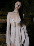 Women's Mesh Two Piece Set Sexy Long Sleeve Lace-up Outer Wear Top+Halter Skinny Hollow Out Lady Dress Suit New Outfit-Outfit
