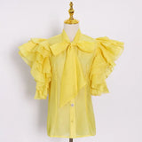 Patchwork Ruffle Shirt For Women Bow Collar Short Sleeve Solid Chic Blouse Femlae Fashion New Clothing