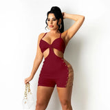 Summer Streetwear Rompers Womens Jumpsuits Sleeveles Rompers Playsuits V Neck Hollow Out Chain Black Bodycon