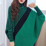 2023 Streetwear Screw Thread Batwing Sleeve Sweaters Autumn Winter Striped Spliced Korean Turtleneck Asymmetrical Jumpers-Outfit