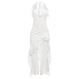 2024 Summer New Women's Clothing Hanging Back Solid Color Lotus Leaf Side Medium Long Dress