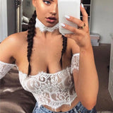 Women Floral Lace Off shoulder Backless Bustier Crop Tops with Choker Partywear Cami Tank Sheer Short Sleeve Blouse-Outfit