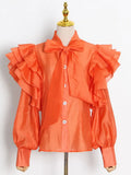 Solid Casual Shirt For Women Bow Collar Butterfly Sleeve Patchwork Buttons Loose Shirts Female 2022 Autumn