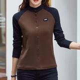 and Winter Women's Pullover Stand Neck Button Contrast Panel Long Sleeve Cardigan Hoodies Coat Fashion Casual Tops-Outfit