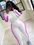 Ribbed Knitted White Pink 2 Two Piece Set Women Outfits Bodycon Long Sleeve Crop Top Leggings Women Tracksuit Matching