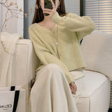 New Soft Breeze Loose Simple College Sweater Short Style Solid Color Soft Waxy V-Neck Knitted Cardigan Girl-Outfit