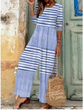 Piece Women Solid Jumpsuits Round Neck Full Sleeve Overalls Striped Print Wide Leg Long Pants Loose Casual Rompers-Outfit