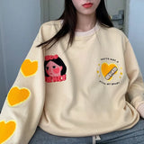 Deeptown Kawaii Crewneck Sweatshirt Heart Print Hoodies E Girl Korean Style Yellow Top 2021 Fashion Pink Long Sleeve