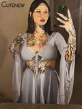 Women's Mesh Two Piece Set Sexy Long Sleeve Lace-up Outer Wear Top+Halter Skinny Hollow Out Lady Dress Suit New Outfit-Outfit