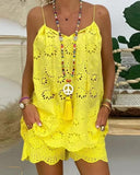 Toloer Sleeveless Drawstring Flounce Cut Out Vest Embroidered Shorts With Cotton