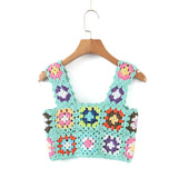 Harajuku Handmade Hollow Out Crochet Plaid Flower Tanks Women Summer Cropped Tops Retro Cool Girl Short Tee Holiday-Outfit