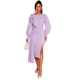 Elegant Lantern Sleeve Party Dress Irregular Lotus Folds On The Side Of The Fork Evening Dress