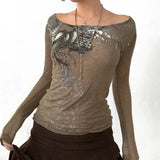 Y2K Grunge Tshirts 90s Fairycore Harajuku Gothic Off Shoulder Top Angel Wings Print Tshirts Streetwear Academia