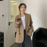 Women Loose Double-breasted Office Solid Korean Long-sleeve Spring Elegant Vintage Trendy Breathable Sweet College