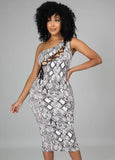 Sexy Print Bandage One Shoulder Sleeveless Midi