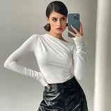 Sleeve Top White T-Shirts Women Basic Crop Top Autumn Pollover Solid Skew Neck T Shirt Streetwear Basic Black Y2K Tees-Outfit