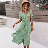 Dress Women Casual Floral Print Holiday Beach Dress V-Neck Midi Dresses Female Summer Short Sleeve Button Loose