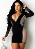 Party Black Beaded Deep-V Sexy Patch Bodycon