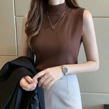 2021 Sleeveless Summer Blouse Women Korean Knit Elastic Casual Clothes Solid Turtleneck Fashion Ladies Tops Blusas 8623