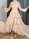 Maxi Dress Women Tier Ruffled Mesh Long Sleeve Long Dress Fashion Autumn New A Line Party Midi Dresses Women Solid-Outfit