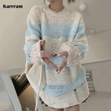 Lazy Style Knitted Sweater Korean Fashion Frayed Loose Pullover Fairycore Sweet Oversized Jumper Striped Hole