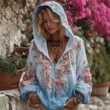 Zippered T-Shirt Trend Japanese National Style Cherry Blossom Art Printing National Tide Loose Autumn And Winter