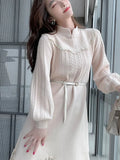 Dresses for Women Party Long Sleeve Midi Patchwork Knitted Sweater Dress Lace Stand Collar A-Line Chinese Style Winter
