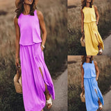 Summer Women Loose Sleeveless Long Dress Solid Color O Neck Slit Vestidos Midi Elegante Branco Office Lady