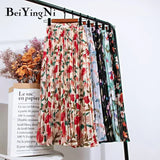 Summer Chiffon Beach Boho Maxi Women Skirt High Waist Floral Print Vintage Holiday Ruched Long Fashion Skirts