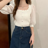 Korean Version Of The Small Fragrant Collarbone Design Shirt Short Bubble Sleeve Ice Silk Knitted Short-Sleeved T-Shirt