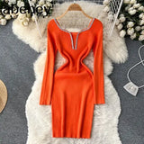 Slim Bodycon Knitted Dress Temperamant Long Sleeve bodycon Sweater Dress Square Collar Women Winter Short